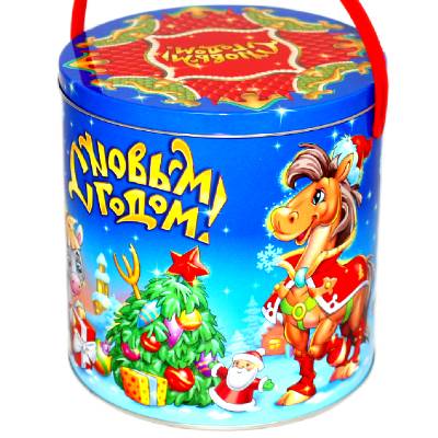 Сладкий новогодний подарок в жестяной упаковке весом 1000 грамм